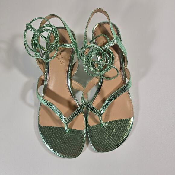 L Jewel Badgley Mischka Nolin Metallic Green Ankle Wrap Thong Sandals Heels Sz 6 - Picture 4 of 10